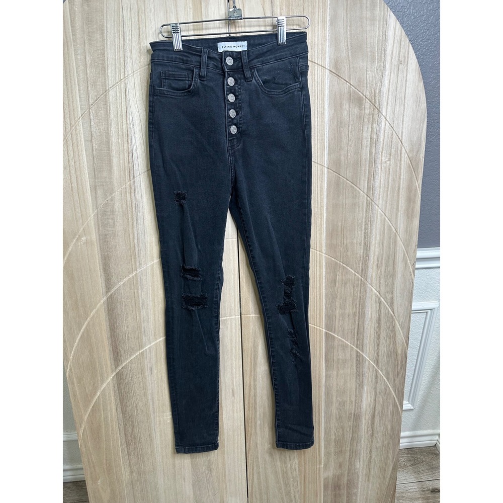 Flying Monkey Womens High Rise Distressed Skinny Jeans Black Button Fly Y3336
